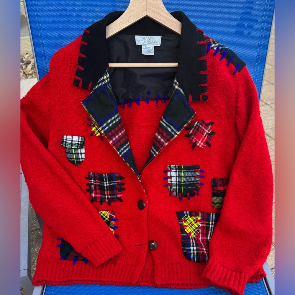 Sandy Starkman L Red Wool Patchwork Plaid Knit Ja… - image 1